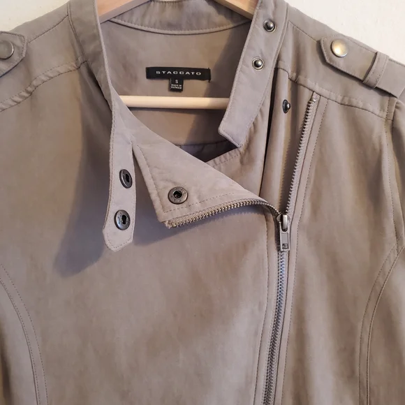 Staccato Taupe Lightweight Faux Suede Satin Lined Moto Jacket Outerwear - Picture 6 of 15
